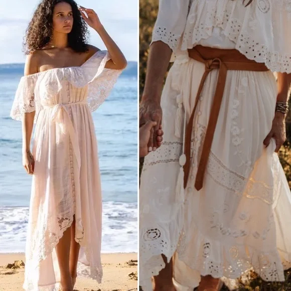 Free People Tambourine Off Shoulder Maxi Dress Large Blush Pink Boho Ethereal - Picture 2 of 15